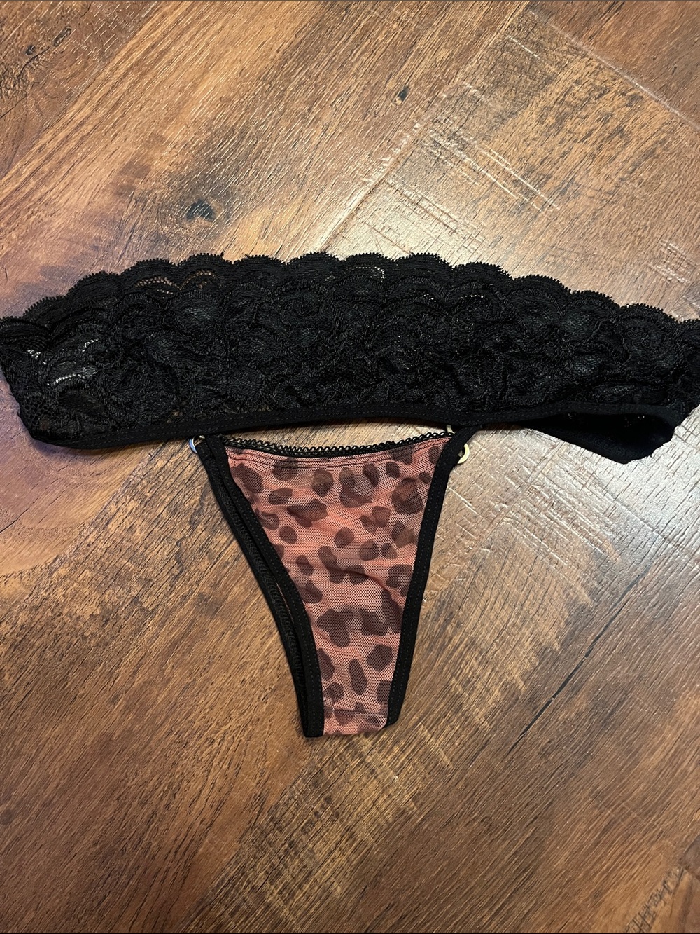 Yandy Black Lace Waistband Leopard Print Thong w/ Crotchless hooks - Brown Black